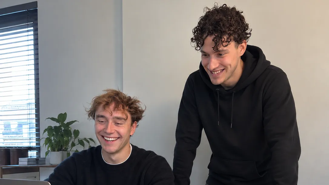 Daniel en Joep lachend achter een laptop aan tafel